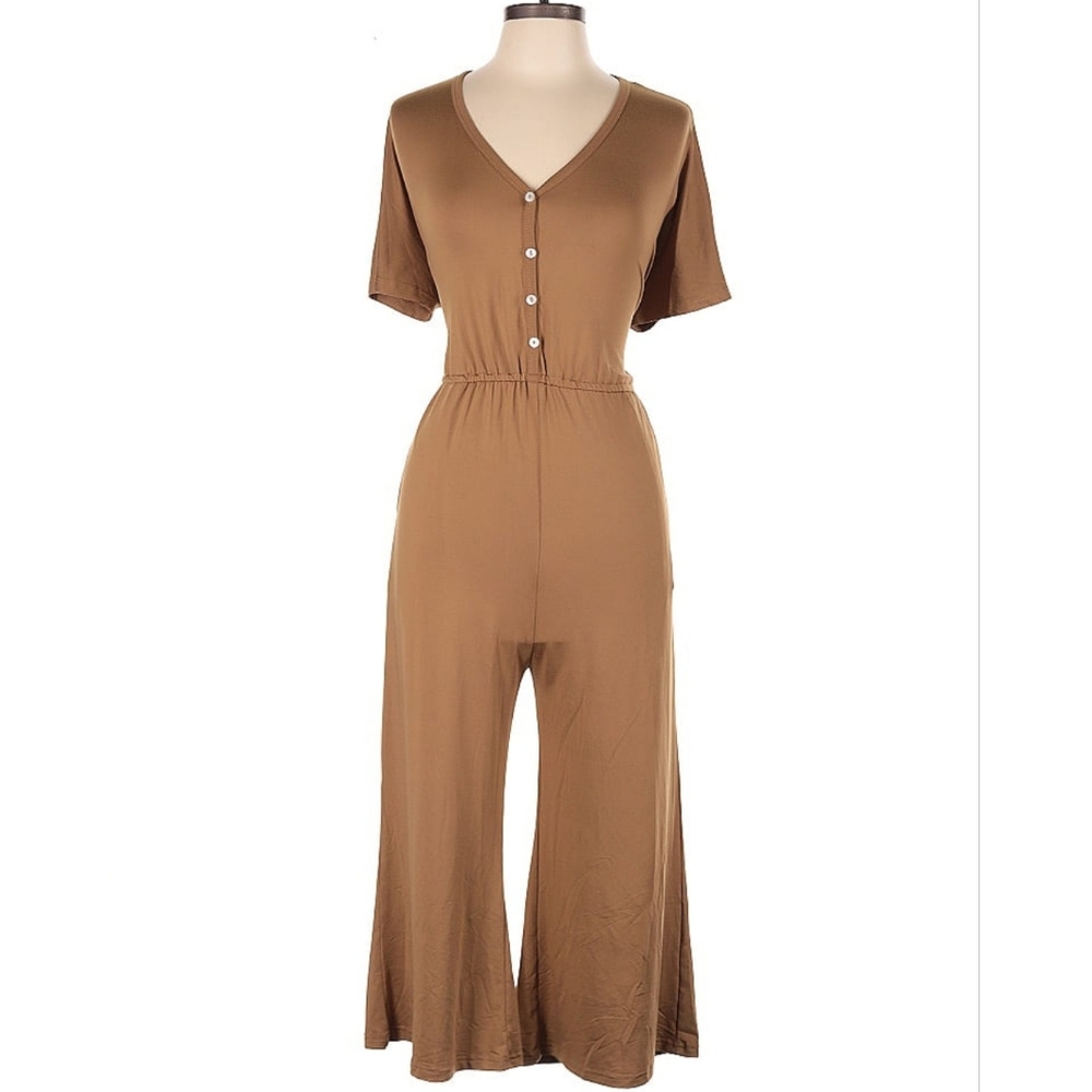 Baileys Blossoms Brown Button-Up Ruched Flared Cropped Legs Jumpsuit Size L